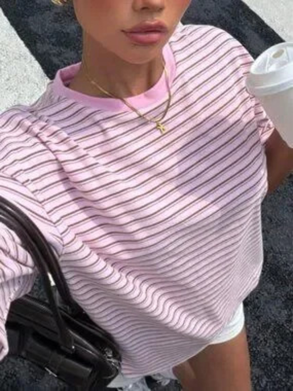 ZARA Pink Casual Women's Striped Crew Neck T-Shirt